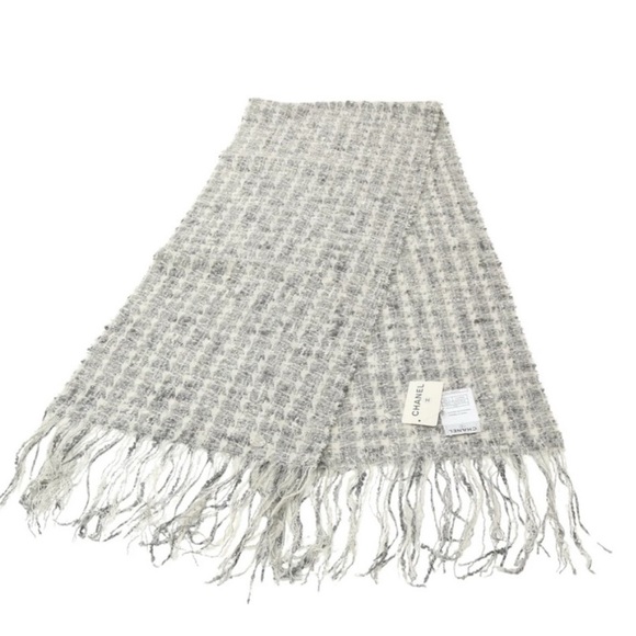CHANEL Tweed Wool Cashmere Blend Scarf with Fringe - Picture 1 of 6
